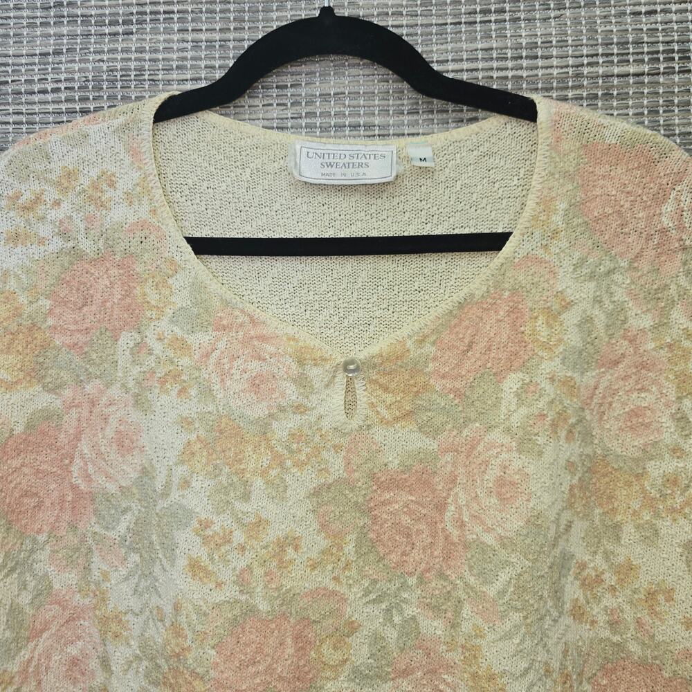 United States Sweaters Knit Top Medium Beige Pink VTG Victorian Antique Floral - Picture 9 of 11